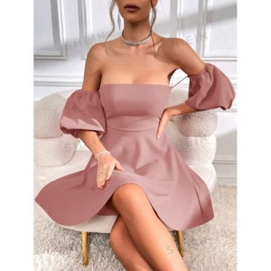 SHEIN Prive Off Shoulder Puff Sleeve Tie Backless Dress