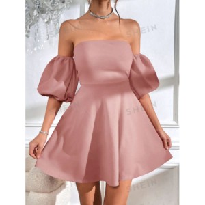 SHEIN Prive Off Shoulder Puff Sleeve Tie Backless Dress