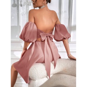 SHEIN Prive Off Shoulder Puff Sleeve Tie Backless Dress