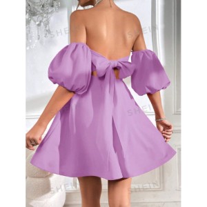 SHEIN Prive Off Shoulder Puff Sleeve Tie Backless Dress