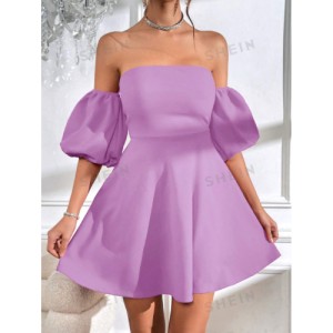 SHEIN Prive Off Shoulder Puff Sleeve Tie Backless Dress