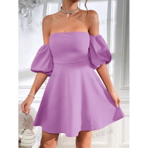 SHEIN Prive Off Shoulder Puff Sleeve Tie Backless Dress