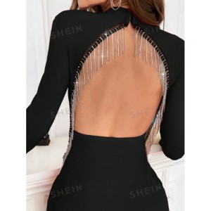 SHEIN Prive Women's Hollow Back Rhinestone Tassel Slim Date Night Party Dress