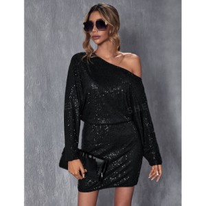 SHEIN BAE Asymmetrical Neck Batwing Sleeve Sequin Dress