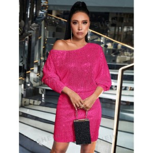 SHEIN BAE Asymmetrical Neck Batwing Sleeve Sequin Dress