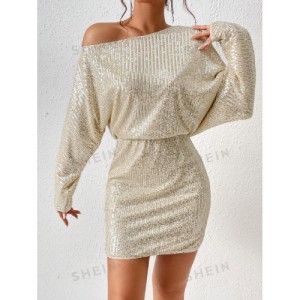 SHEIN BAE Asymmetrical Neck Batwing Sleeve Sequin Dress