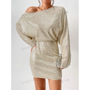 SHEIN BAE Asymmetrical Neck Batwing Sleeve Sequin Dress