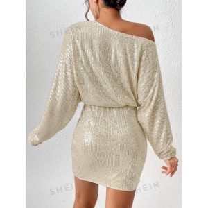 SHEIN BAE Asymmetrical Neck Batwing Sleeve Sequin Dress