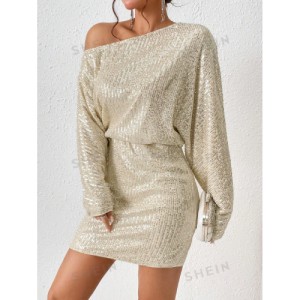 SHEIN BAE Asymmetrical Neck Batwing Sleeve Sequin Dress