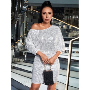 SHEIN BAE Asymmetrical Neck Batwing Sleeve Sequin Dress