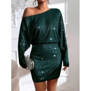 SHEIN BAE Asymmetrical Neck Batwing Sleeve Sequin Dress