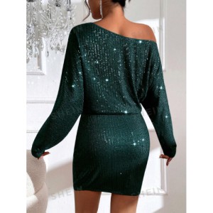 SHEIN BAE Asymmetrical Neck Batwing Sleeve Sequin Dress