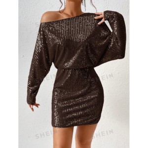 SHEIN BAE Asymmetrical Neck Batwing Sleeve Sequin Dress