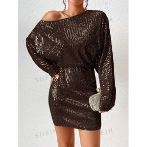 SHEIN BAE Asymmetrical Neck Batwing Sleeve Sequin Dress