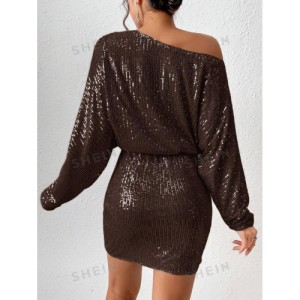 SHEIN BAE Asymmetrical Neck Batwing Sleeve Sequin Dress