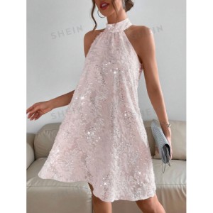 SHEIN BAE Asymmetrical Neck Batwing Sleeve Sequin Dress