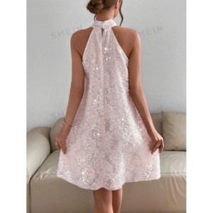 SHEIN BAE Asymmetrical Neck Batwing Sleeve Sequin Dress