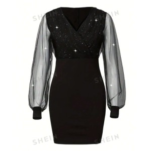 SHEIN Prive Surplice Neck Lantern Sleeve Glitter Bodycon Dress