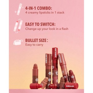 SHEGLAM Mega Lip Stacks 4 In 1 Creamy-Matte Brown Lipstick Kit High Pigment Non-Drying Portable Travel Lipstick Kit Lip Makeup Rosa