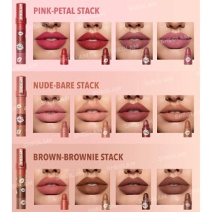 SHEGLAM Mega Lip Stacks 4 In 1 Creamy-Matte Brown Lipstick Kit High Pigment Non-Drying Portable Travel Lipstick Kit Lip Makeup Rosa