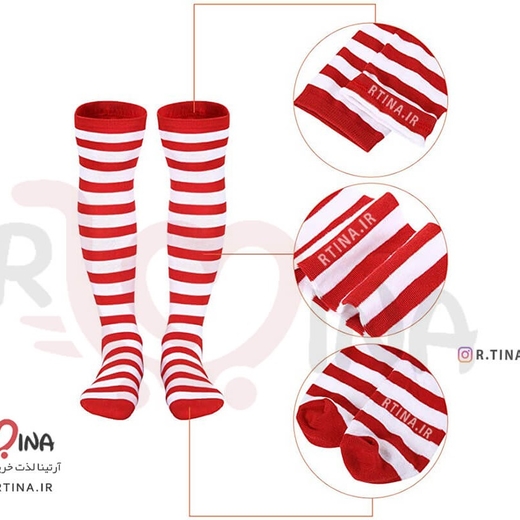 جوراب ساق بلند راه راه سفید قرمز/ زیر زانو