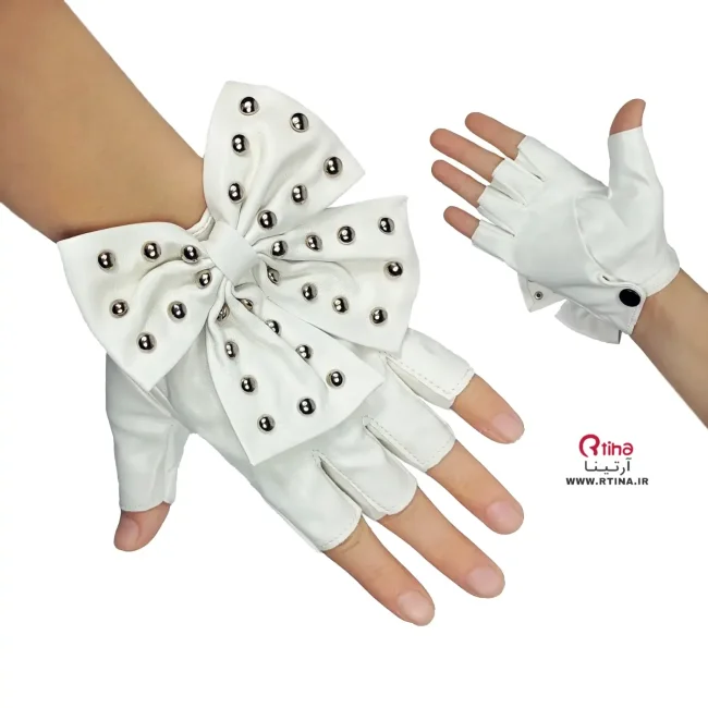 دستکش چرم سفید مدل نیمه انگشتی پاپیونی