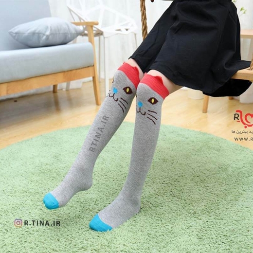 جوراب بلند دخترانه خاکستری مدل گربه گوش دار