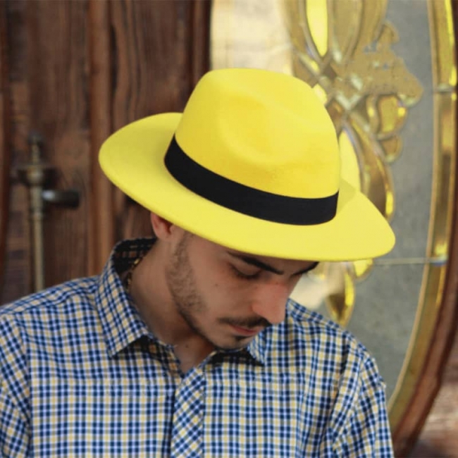کلاه شاپو مردانه-زنانه لبه صاف رنگ زرد مدل RT-710