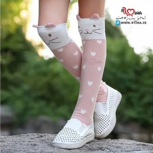 جوراب بلند دخترانه مدل گربه صورتی