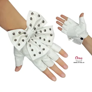 دستکش چرم سفید مدل نیمه انگشتی پاپیونی