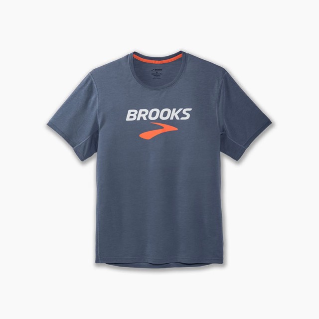 تیشرت ورزشی مردانه بروکس مدل Brooks Men's Distance Short Sleeve|آبی طوسی طرح دار