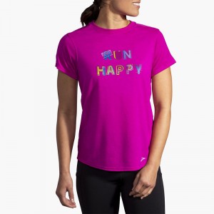 تیشرت ورزشی زنانه بروکس مدل Brooks Women's Distance Graphic Short Sleeve|بنفش طرح دار