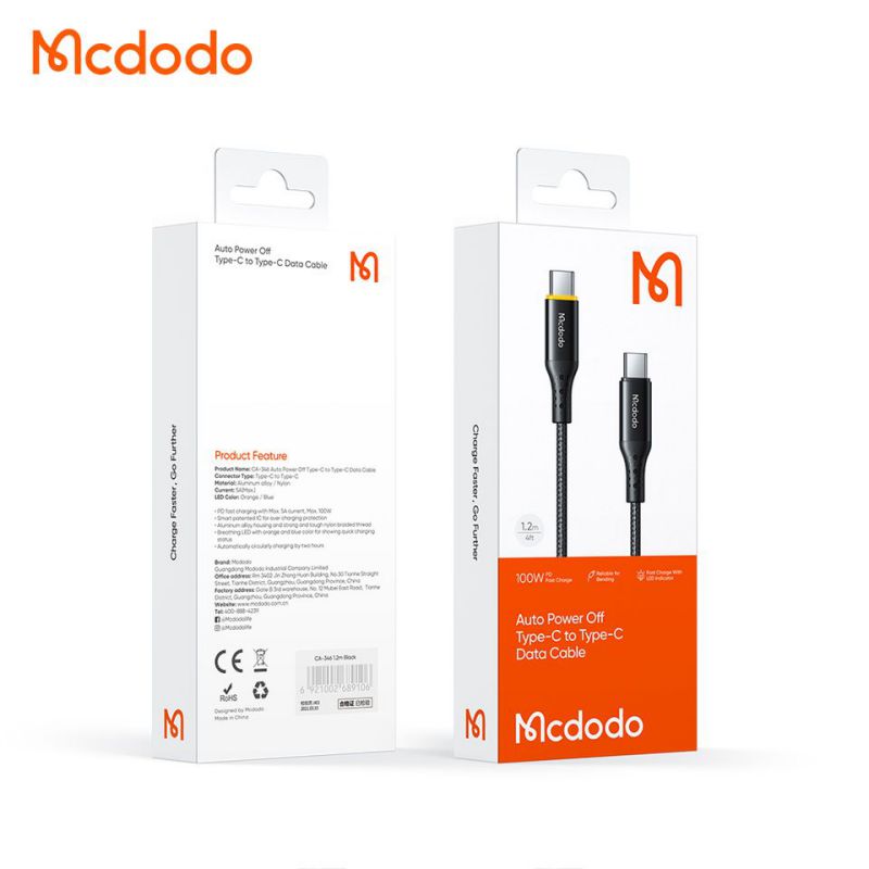 کابل قطع کن دار تایپ سی به تایپ سی 100 وات مک دودو Mcdodo Auto Power Off Type-C tTo Type-C CA-3460
