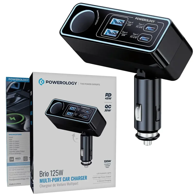 شاژر فندکی دو پورت 75 وات پاورولوژِی Powerology 75W Car Charger PCCSR024BK