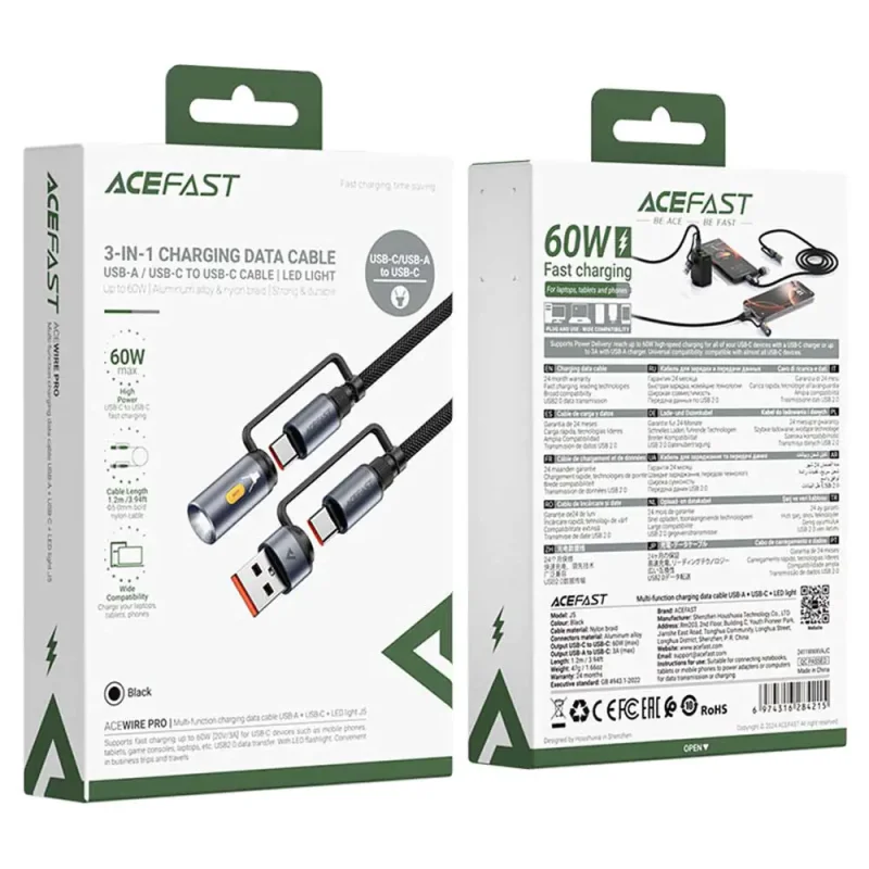 کابل Type-C به Type-C چندکاره ایس فست ACEFAST J5 Acewire Pro طول 1.2 متر توان 60 وات