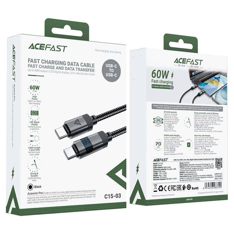 کابل Type-C به Type-C ایس فست ACEFAST C15-03 طول 1.2 متر توان 60 وات