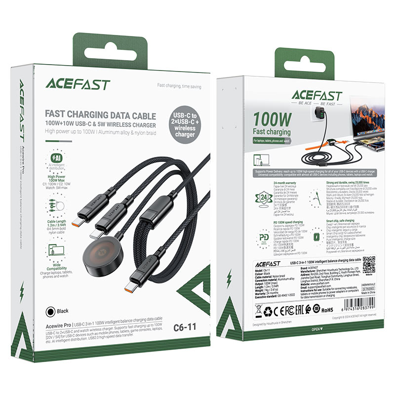کابل دو سر Type-C و شارژر اپل واچ ایس فست ACEFAST C6-11 طول 1.2 متر توان 100 وات