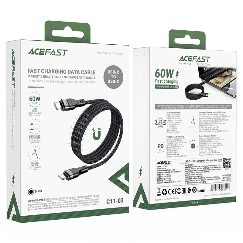 کابل فنری مگنتی Type-C به Type-C ایس فست ACEFAST C11-03 طول 1.2 متر توان 60 وات