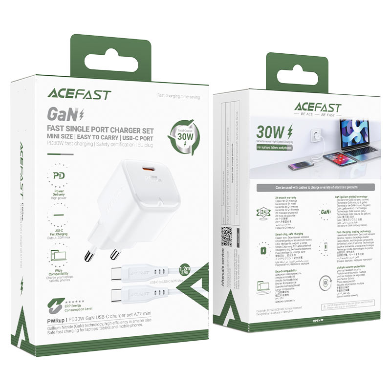 شارژر دیواری ایس فست ACEFAST A77 mini Set PD30W GaN توان 30 وات همراه با کابل