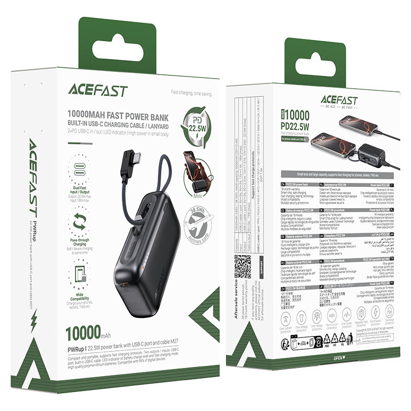 پاوربانک 10000 ایس فست ACEFAST M27 توان 22.5 وات همراه با کابل متصل