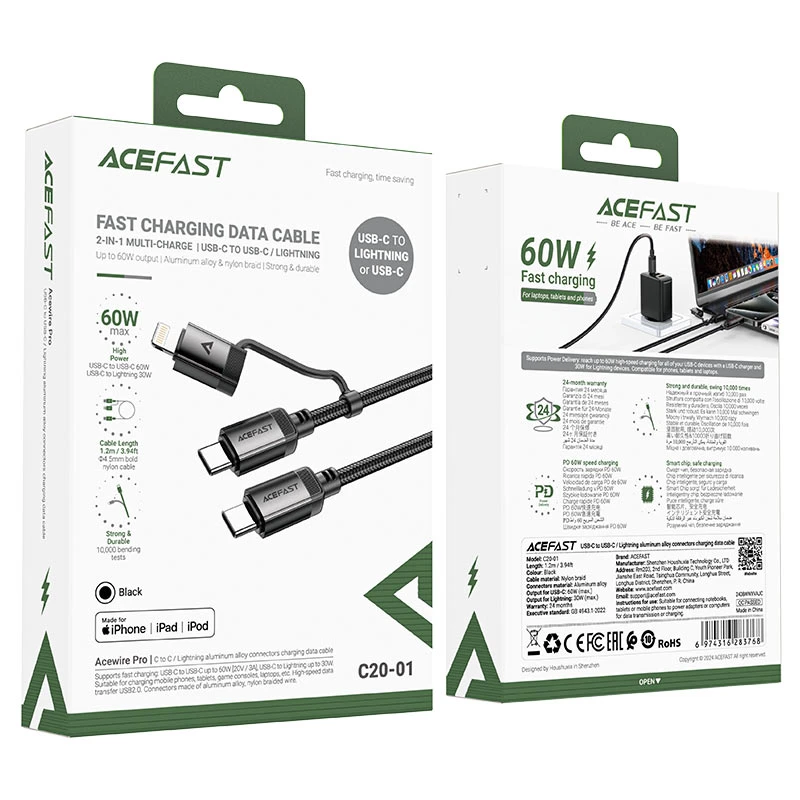 کابل Type-C به Type-C و لایتنینگ ایس فست ACEFAST C20-01 طول 1.2 متر توان 60 وات