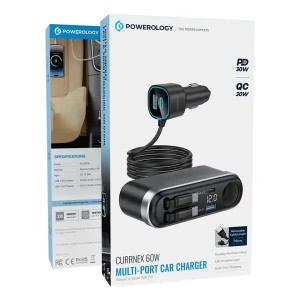 شارژر فندکی 60 وات با کابل جمع شونده پاورولوژی Powerology Currnex Car Charger PCCSR19BK