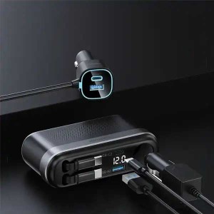 شارژر فندکی 60 وات با کابل جمع شونده پاورولوژی Powerology Currnex Car Charger PCCSR19BK