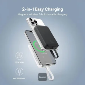 پاوربانک بی‌سیم 30 وات باسئوس مدل Magnetic Mini ظرفیت 10000 میلی آمپر ساعت
