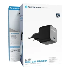 آداپتور شارژ 45W پاورولوژی با کابل تایپ سی Powerology QX 45W GaN Adapter PWCUQC056