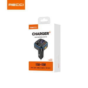 شارژر فندکی تایپ سی و یو اس بی 30 وات و گیرنده بلوتوثی RQ08 رسی (RECCI RQ08 15W+15W MULTI-FUNCTIONAL WITH FM CAR CHARGER)