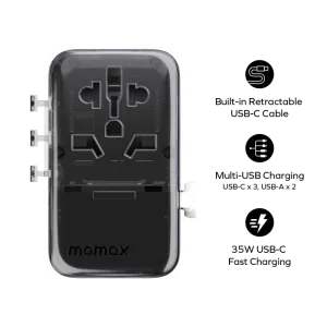 شارژر مسافرتی 4 پورت 1-World+ Flow | 4-Ports Travel Charger | Built-in USB-C Cable (35W) مومکس (momax)