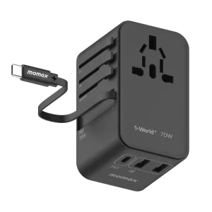شارژر مسافرتی 3 پورت 1-World+ | 3-Ports Travel Charger | Built-in USB-C Cable (GaN 70W) مومکس (momax)