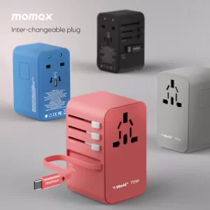 شارژر مسافرتی 3 پورت 1-World+ | 3-Ports Travel Charger | Built-in USB-C Cable (GaN 70W) مومکس (momax)