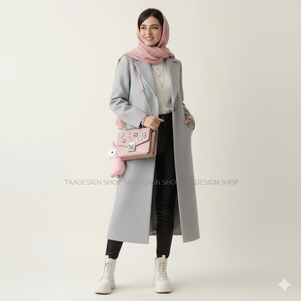 استایل زنانه با پالتو طوسی